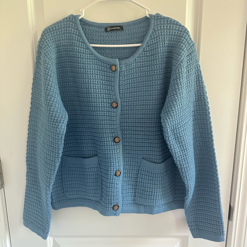 LAST CALL Knit Blue Cardigan Sweater with Button Detail